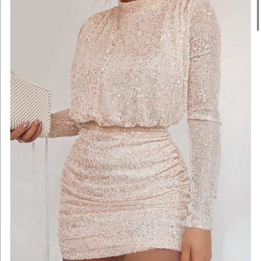 FASHION INFLUX CREAM SEQUIN HIGH NECK OPEN BACK MINI DRESS